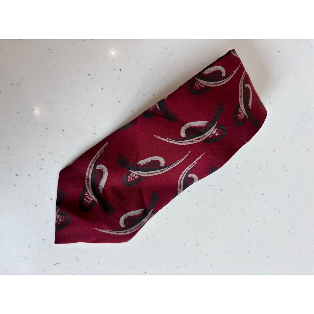 Saks Fifth Avenue Mens Silk Tie Burgundy‎ Red Abstract Swoosh Handmade Italy 4in